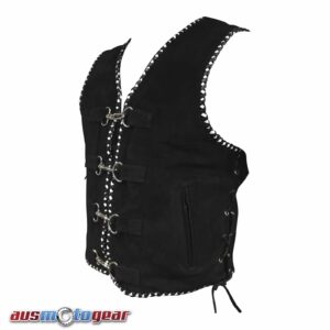 Suede Leather Vest Double Hand Braided Blk n White