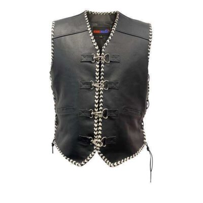 White Cruz Leather Vest Hand Braided 4 Buckles